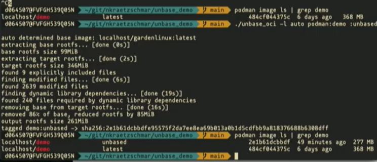 Terminal output of unbase_oci on a demo image: base rootfs 99 MiB, target rootfs 346 MiB, 2639 modified files, 240 dynamic library dependencies, 86 percent of the base removed, image size reduced from 368 MB to 277 MB