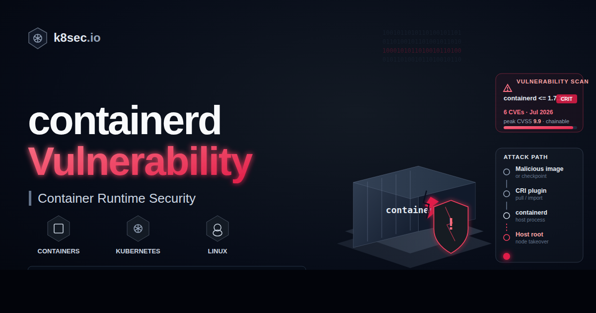 containerd Vulnerability hero: a cracked container and shield with a VULNERABILITY SCAN panel and an ATTACK PATH from malicious image through the CRI plugin to host root