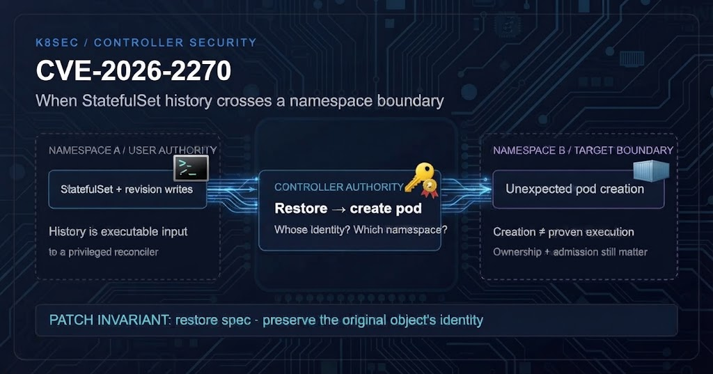 CVE-2026-2270: StatefulSet revision writes cross from namespace A through controller authority to unexpected pod creation in namespace B.