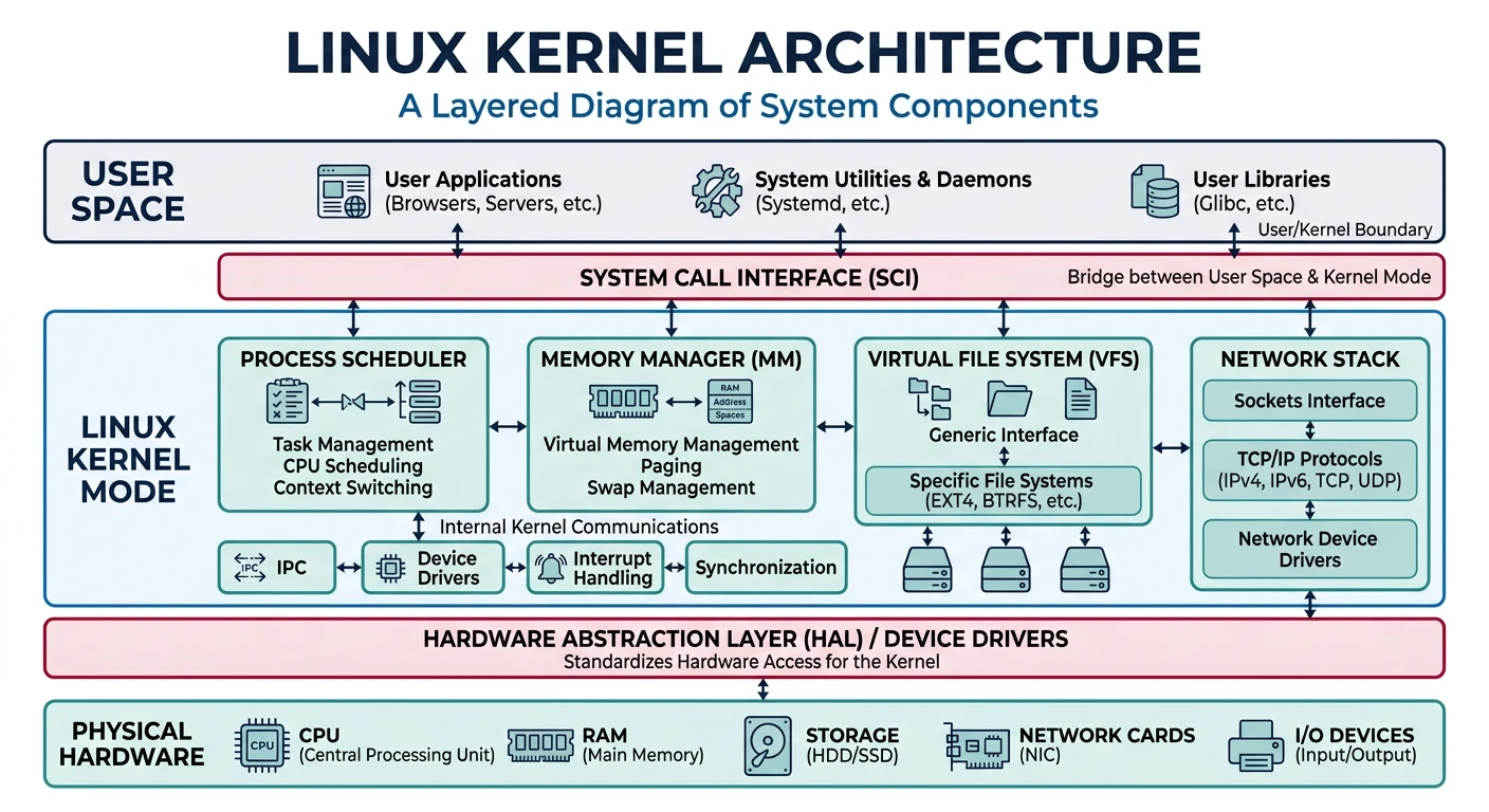 Conceptual Linux kernel architecture chart: user space, system-call interface, kernel subsystems and hardware; clarified in the article.