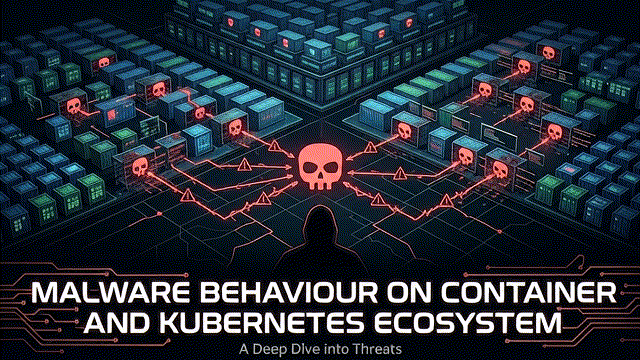 Conceptual illustration of malware behavior paths across containers and Kubernetes; not live incident evidence.