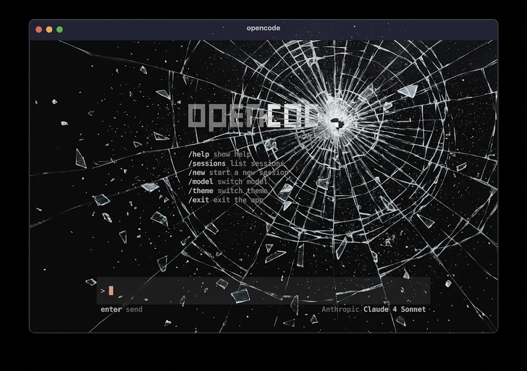 Conceptual OpenCode terminal window with fractured glass, illustrating a reported Console credential incident; not an incident screenshot.