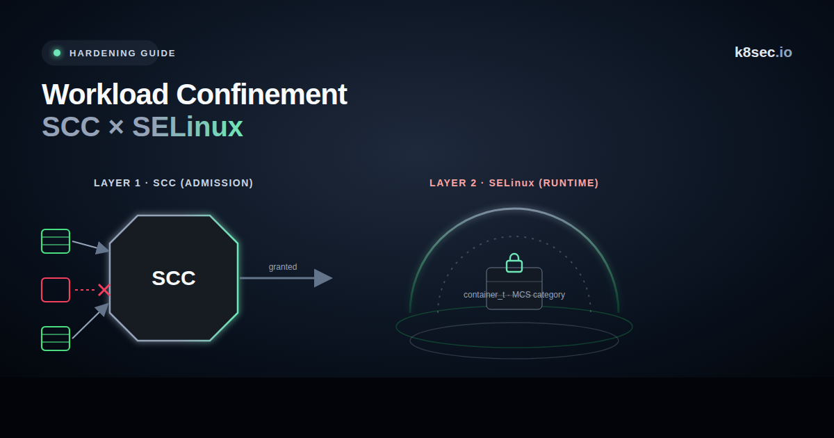 Minimalist abstract hero: a trajectory crossing nested boundary rings into a core, representing SCC admission and SELinux runtime confinement layers on OpenShift
